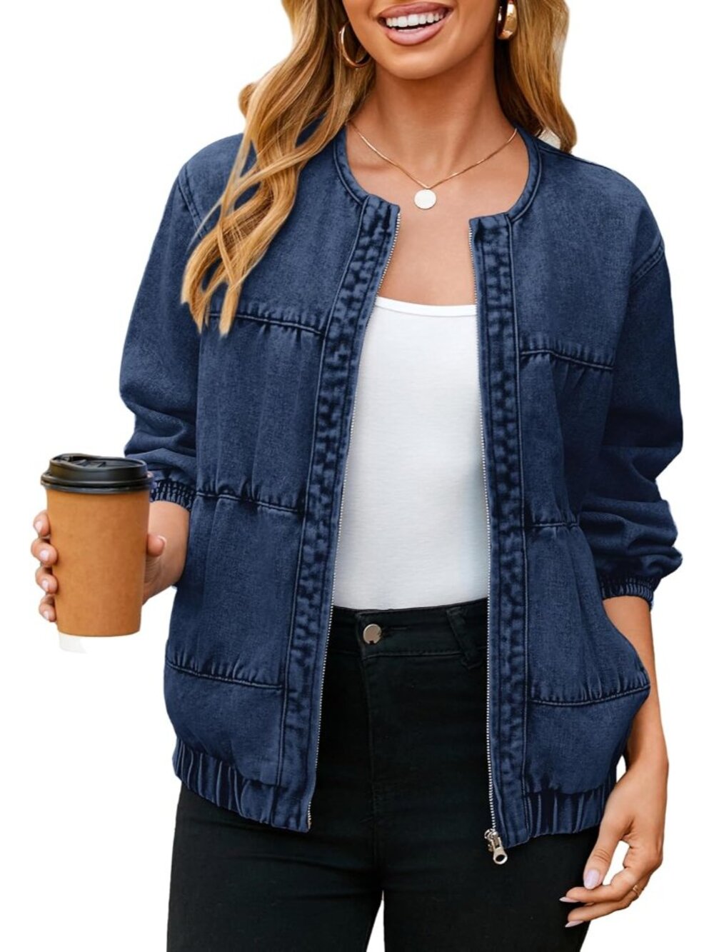 Women's Dark Blue Crew Neck Long Sleeve Zip Up Loose Fit Fall Bomber Jean Jacket